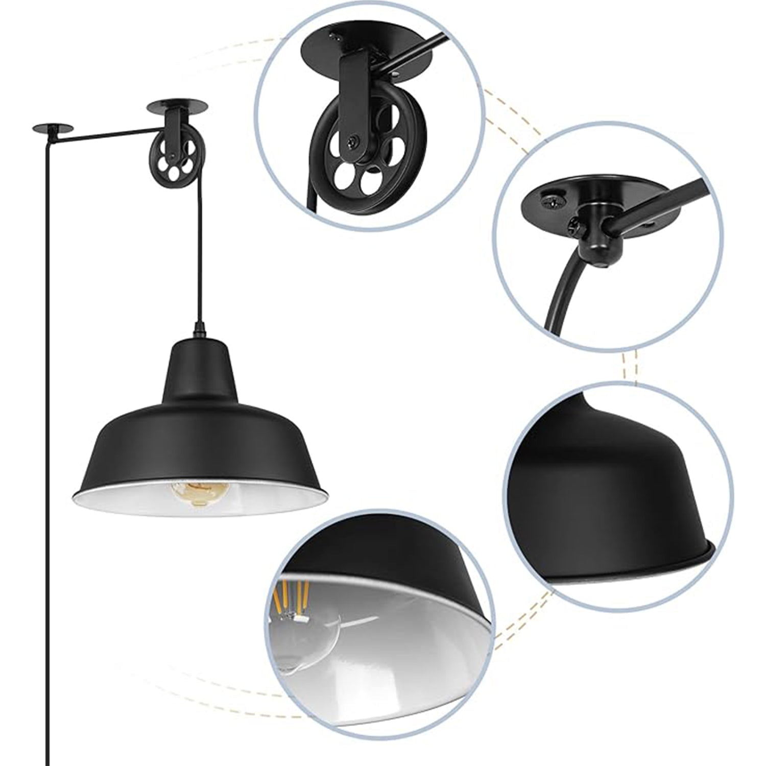Black Pulley Pot Lid Pendant Lamp Detail Closeup: Pulley Mechanism, Canopy & Metal Shade | Vintage Industrial Hanging Light with E26 Bulb Compatibility