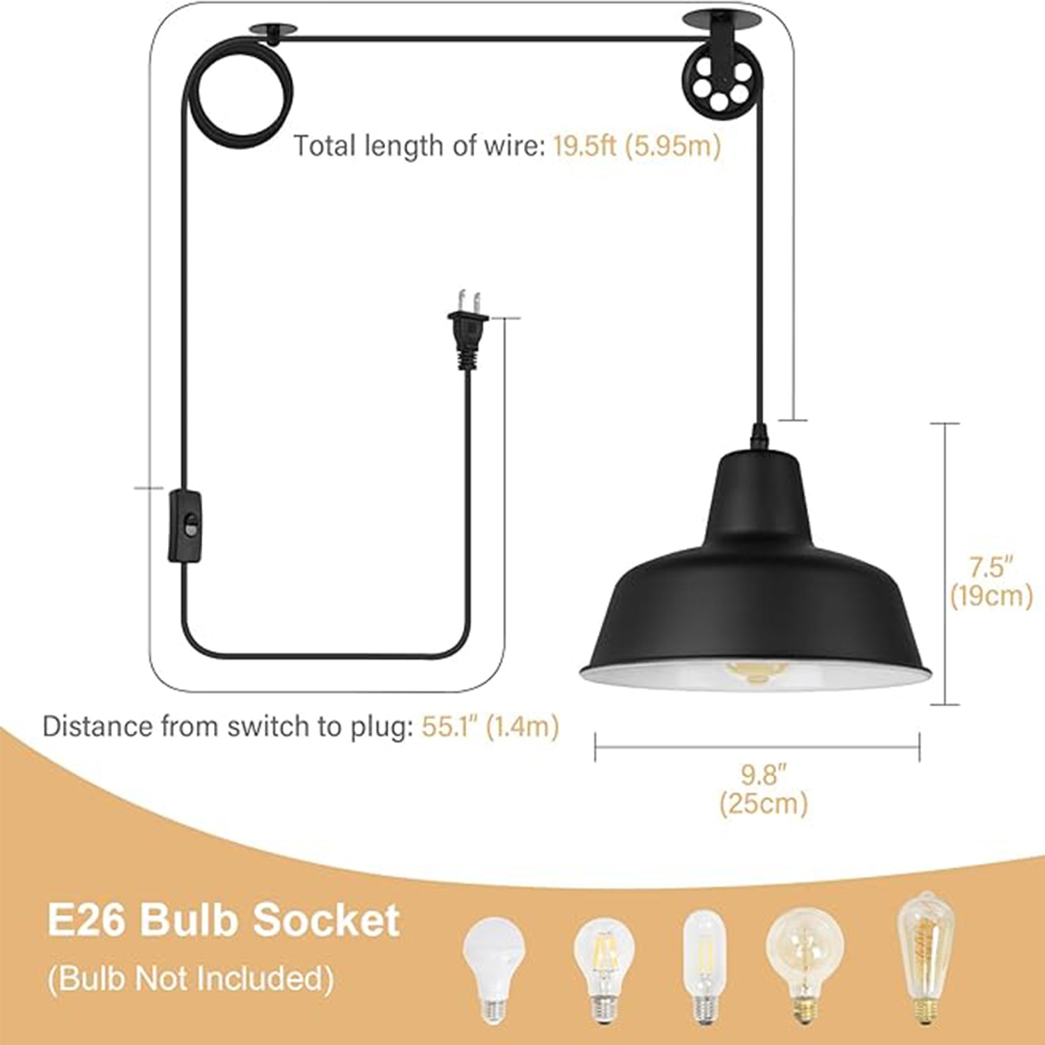 Black Pulley Pot Lid Pendant Lamp Dimensions: 19.5ft Wire, 9.8" Shade Diameter | E26 Socket Compatibility (Bulb Not Included) | Industrial Hanging Light for Kitchen & Dining