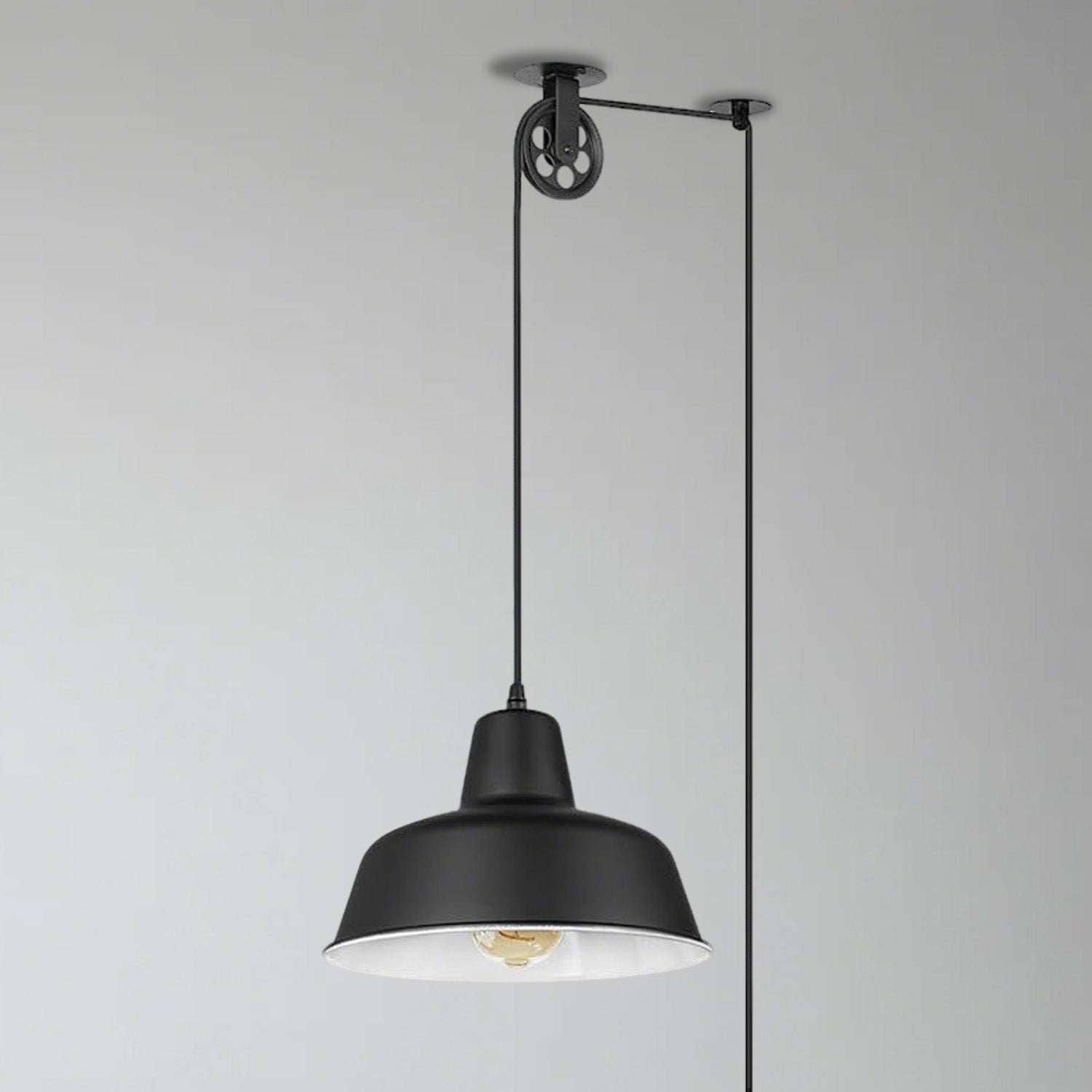 Black Pulley Pot Lid Pendant Light Hanging from Ceiling | Vintage Industrial Single Hanging Lamp for Kitchen Island, Dining Room & Living Space