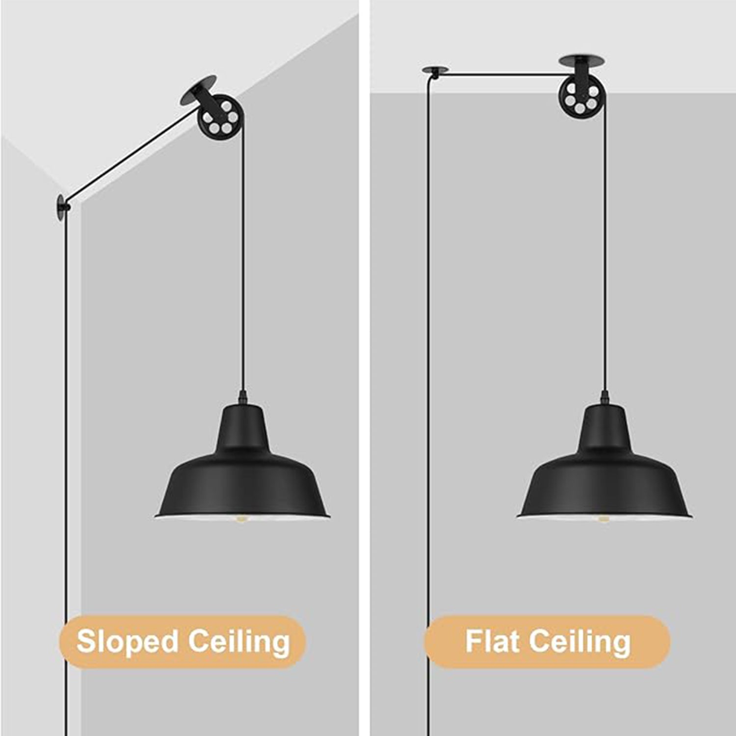Black Pulley Pot Lid Pendant Lamp: Sloped Ceiling vs Flat Ceiling Installation | Adjustable Industrial Hanging Light for Any Ceiling Type