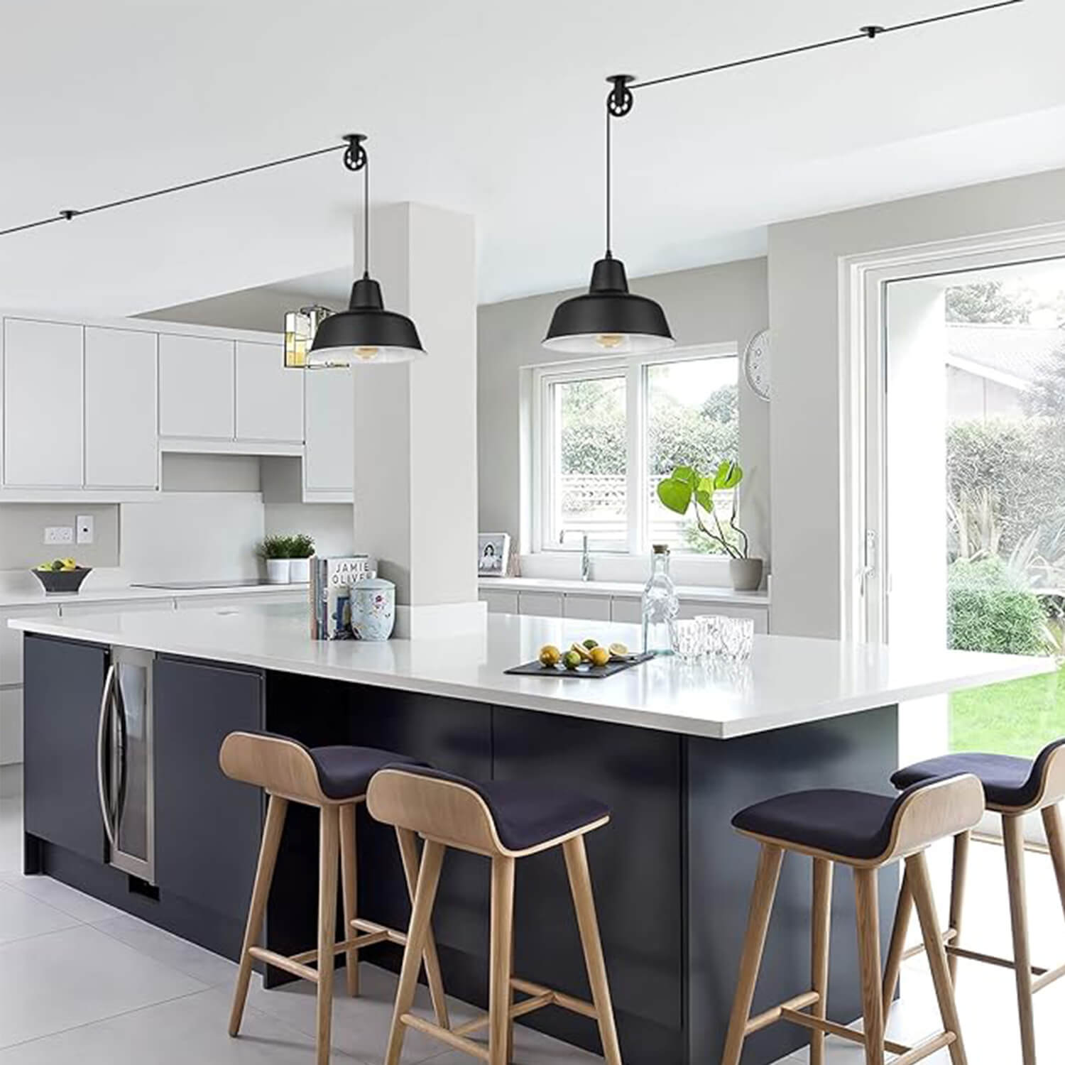 2-Pack Black Pulley Pot Lid Pendant Lights Above Kitchen Island | Vintage Industrial Hanging Lamps for Modern Farmhouse, Dining Room & Living Room