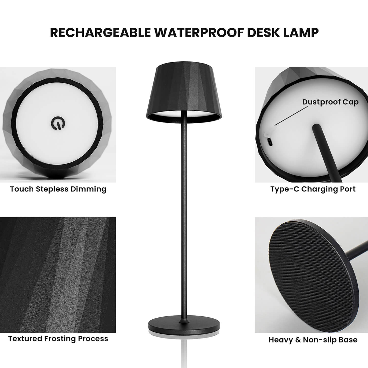 Rechargeable Waterproof Desk Lamp with Touch Stepless Dimming - Type-C Charging Port, Textured Frosted Shade & Heavy Non-Slip Base - Indoor/Outdoor Use for Office, Bedroom & Patio