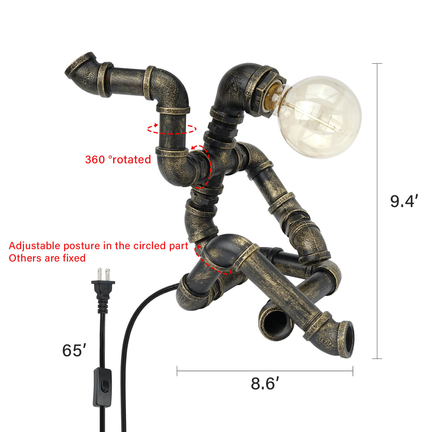 Bronze Robot Table Lamp with 360° Rotatable Adjustable Posture - Dimensions 9.4"x8.6" | Sturdy Metal Pipe Construction, 65" Power Cord | Playful Modern Decor for Kids Room & Office