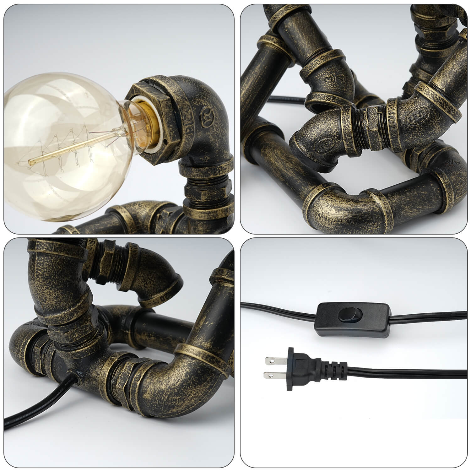 Closeup Details of Bronze Robot Table Lamp: Vintage Pipe Joints, Globe Bulb Connector, On/Off Switch & Plug | Sturdy Metal Construction for Steampunk Home/Office Decor