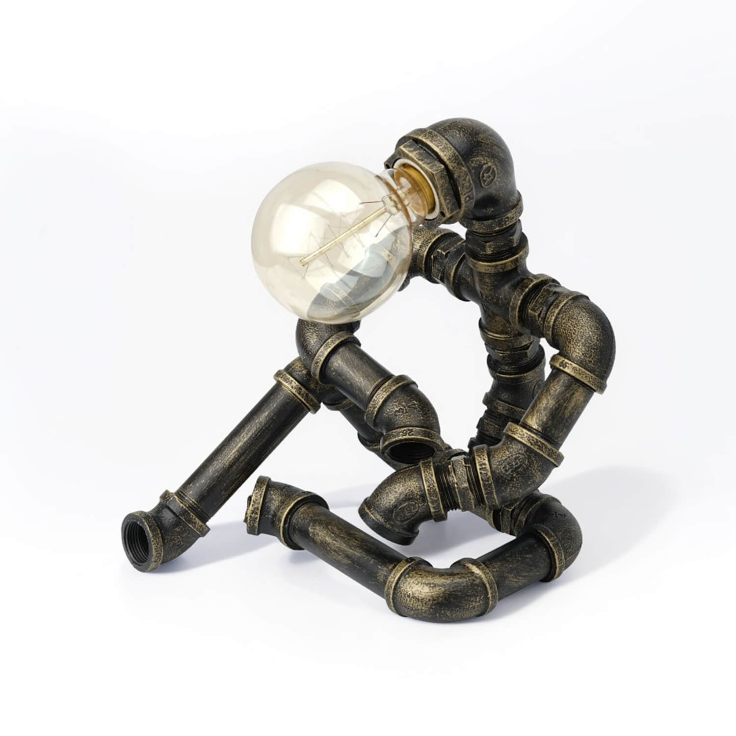 Bronze Industrial Pipe Robot Table Lamp with Clear Globe Bulb - Front View | Playful Steampunk Sculpture Lighting for Modern Home & Office Decor