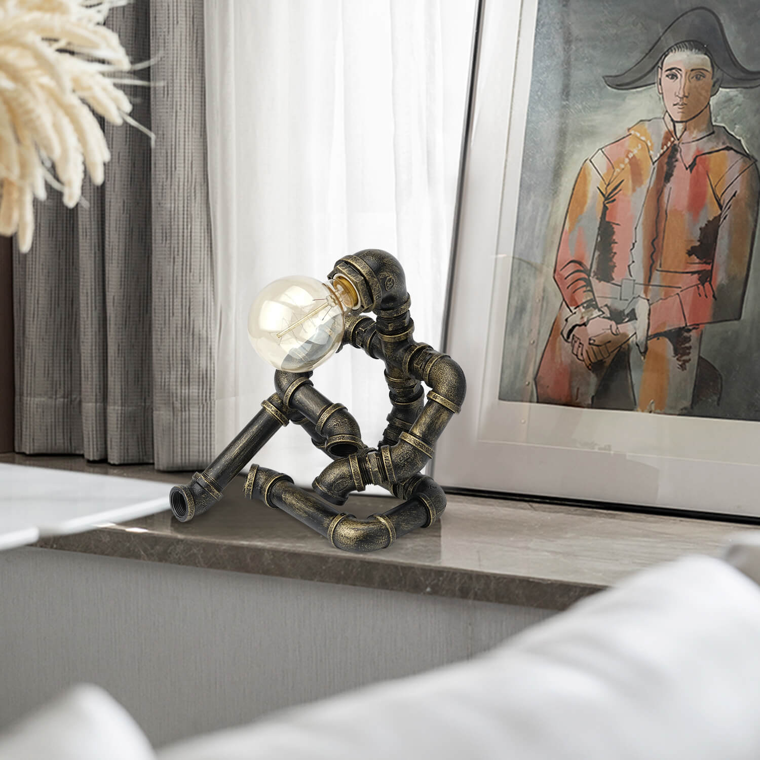 Bronze Industrial Pipe Robot Table Lamp in Living Room - Globe Bulb Warm Light | Steampunk Decor Accent for Modern Home, Desk or Shelf Display
