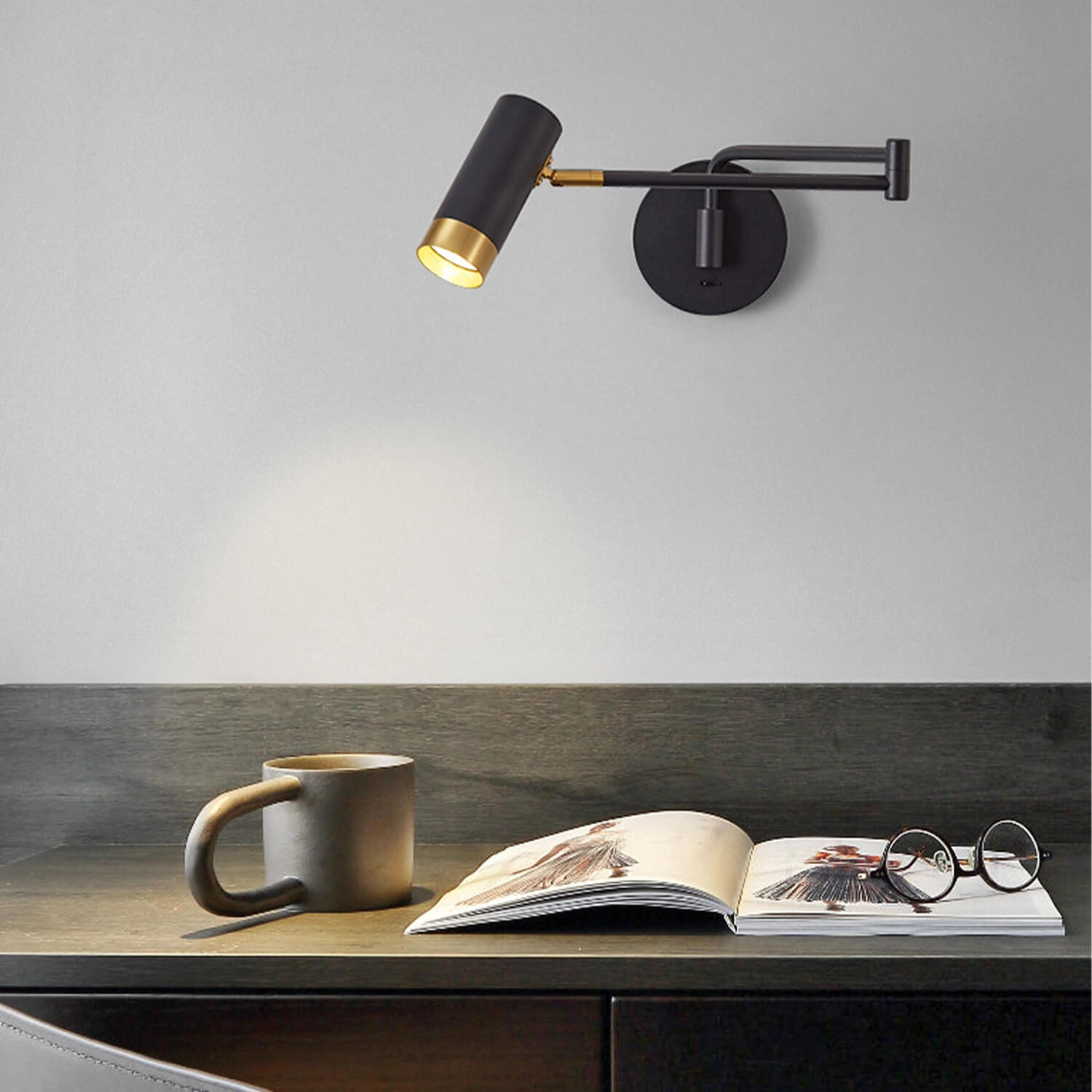 Adjustable LED Wall Sconce for Study Room: Task Lighting with Rotatable Arm & Tiltable Head – Black Gold Modern Design for Reading, Office Desk
