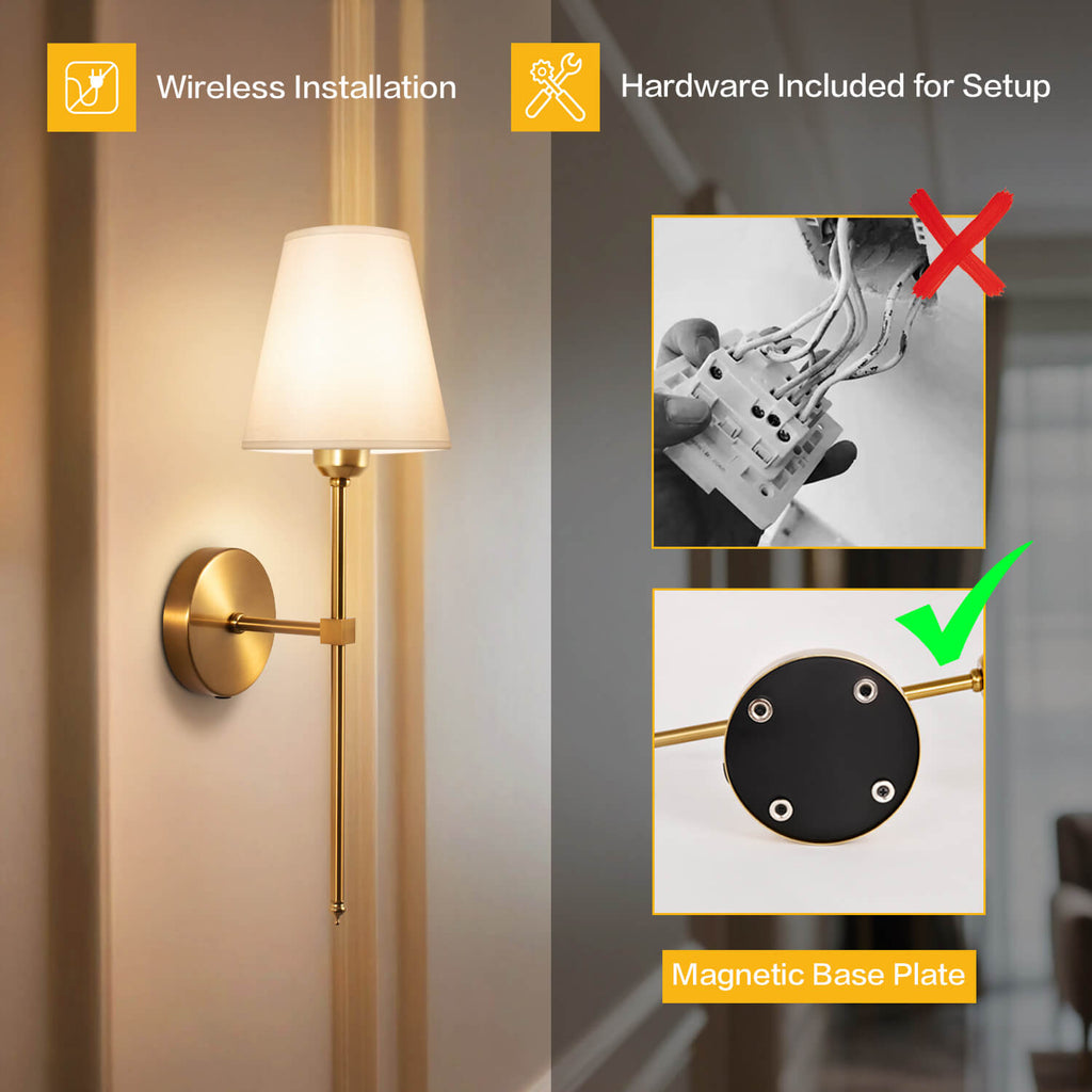 Wireless Bronze Wall Lamp with Magnetic Base - Easy Installation Without Wiring, Hardware Included, Perfect for DIY Home Decor